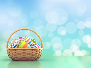 3d render of colorful painted easter eggs in a basket