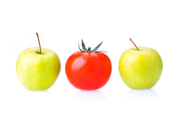 two green Apple and one red tomato