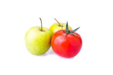 two green Apple and one red tomato