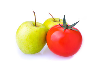 two green Apple and one red tomato