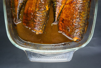 Mackerel, baked in a glass container