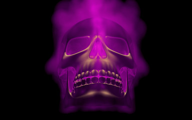 Skull looks up in colorful fire. Demonic sight. Scaring halloween picture