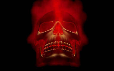 Skull looks up in colorful fire. Demonic sight. Scaring halloween picture