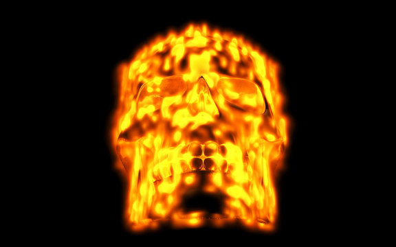 Skull looks up in colorful fire. Demonic sight. Scaring halloween picture