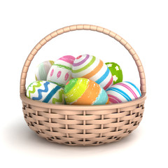 3d render of colorful painted easter eggs in a basket
