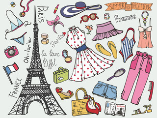 Paris France fashion Summer vacation set.Woman colored wear