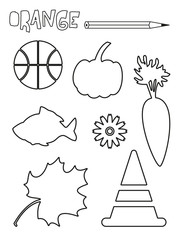 Orange things set. Single color worksheets basketball, carrot, pumpkin, road cone, maple leaf, calendula, goldfish. Vector illustration, silhouette, isolated. For education and activities.