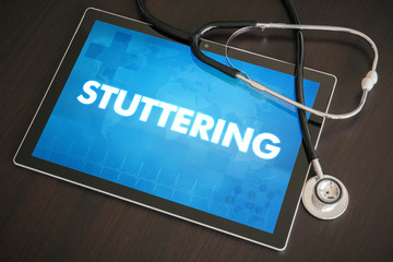 Stuttering (communication disorder) diagnosis medical concept on tablet screen with stethoscope