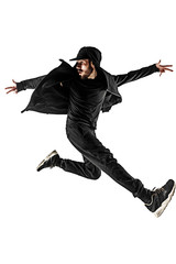 The silhouette of one hip hop male break dancer dancing on white background
