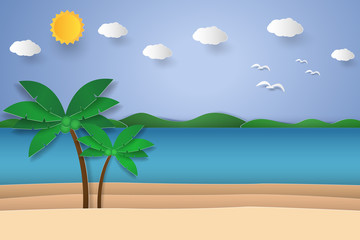 Fototapeta na wymiar Seascape with coconut tree on beach and island , paper art style