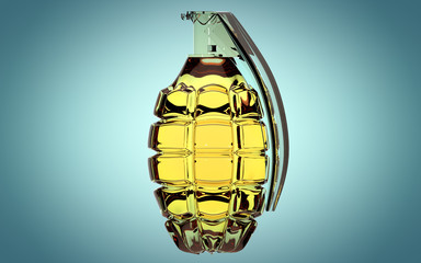 Hand grenade made of glass on beautiful blue background
