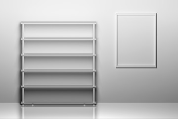 Mockup of blank book shelf with hanging image frame in gray and white colors.