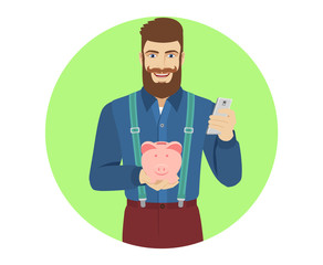Hipster holding mobile phone and piggy bank