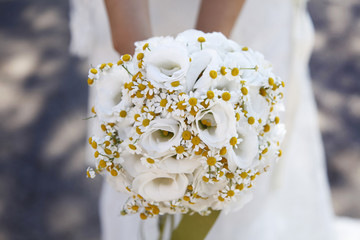 Mazzolino di margherite tenuto in mano da una sposa