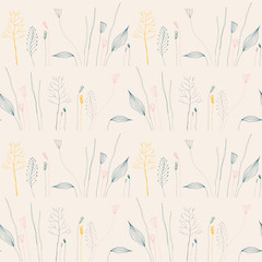 Floral vector seamless pattern with hand drawn  stylized wild flowers, herbs, grasses and leaves in pastel colors.