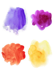 Abstract violet, pink, orange and yellow watercolor set of splashes on white background