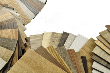wood texture. Architect and home interior decorator desktop with tools, wood swatches and home...