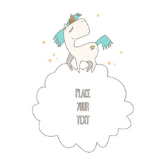 Unicorn and stars on cloud with place for your text. Background, pastel colors, vector illustration.