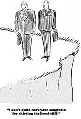 Business or political cartoon showing two men on a cliff discussing the fiscal cliff. 