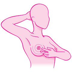 Illustration of a woman touching her breasts doing self-examination for breast cancer, prevention and diagnosis for life. Ideal for institutional and educational materials