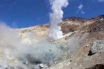 White fumaroles of the volcano Mutnovsky Kamchatka