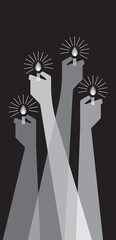 Stylized audience waving arms and hands holding lighters, black and white