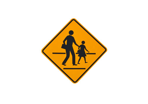 School sign.Traffic symbol warning be careful student cross road on white