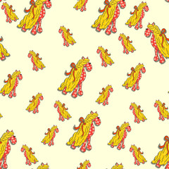 Seamless vintage pattern with children`s toy, horse, textile hand-made. On a white background.