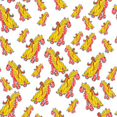 Obraz premium Seamless vintage pattern with children`s toy, horse, textile hand-made. On a white background.