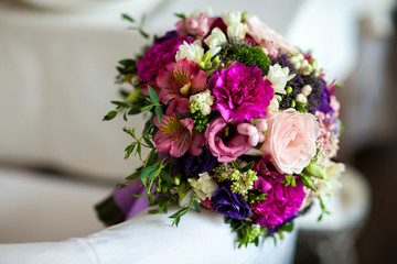 Wedding bright bouquet on the table. Bridal bouquet