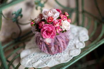 Wedding bright bouquet on the table. Bridal bouquet