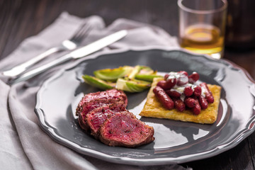 Sliced beef steak with grilled vegetables on a plate