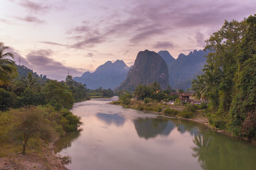 Beautiful sunrise over the Nam Song river near the Vang Vieng village, Laos
