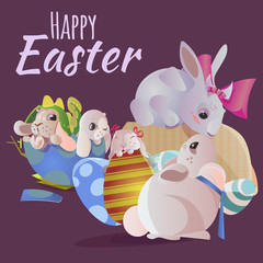 Set of easter chocolate egg hunt bunny basket on green grass decorated flowers, rabbit funny ears, happy spring season holiday tradition greeting card banner collection vector illustration background
