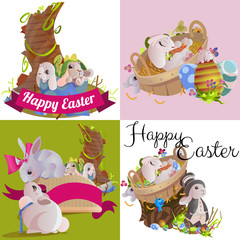 Set of easter egg hunt funny bunny with basket decorated flowers, cute rabbit happy spring season holiday tradition greeting card or banner collection vector illustration on white background