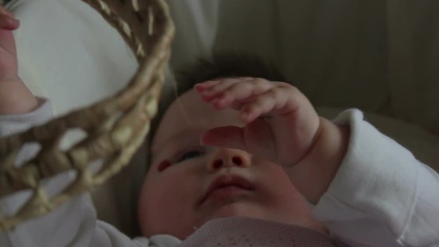 Little New Born Baby In A Wicker Moses Basket