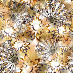 Seamless pattern with folding fans. Abstract golden flowers with watercolor effect. Orient textile print for bed linen, jacket, package design, fabric and fashion concepts