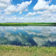 Summer prairie fields and big sky with clouds and sky reflecting in water.