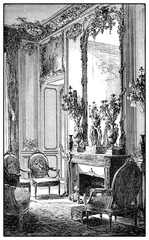 Vintage engraving of baroque style richly decorated parlor with fireplace,mirror and upholstered chairs, XVII century