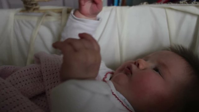 Newborn baby resting in a moses basket at home