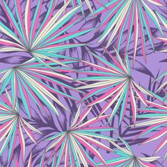 Beautiful fan palm leaves on purple background - seamless print
