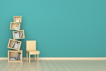 Bookshelves with books and clock on the glossy wooden floor.3D rendering.Wall blackground.