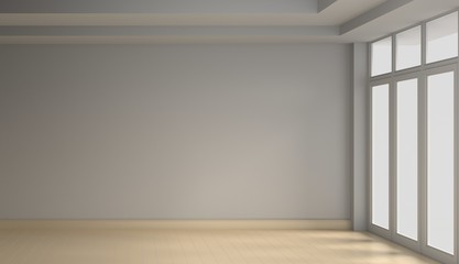 An empty room with white wall, glossy wooden floor and windows. 3D rendering.