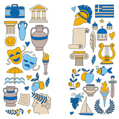 Ancient Greece Vector elements in doodle style Travel, history, music, food, wine