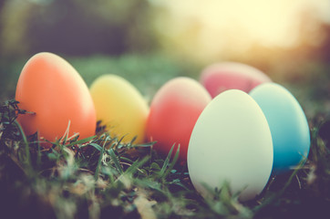 Easter eggs on green grass. Spring holidays concept