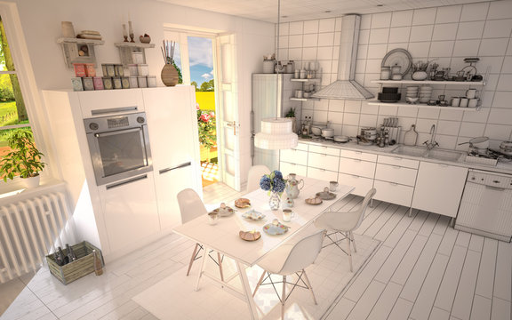White Kitchen with Half Wireframe