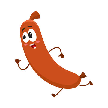 Cute and funny sausage character with human face running, hurrying somewhere, cartoon vector illustration isolated on white background. Sausage character, mascot, running fast