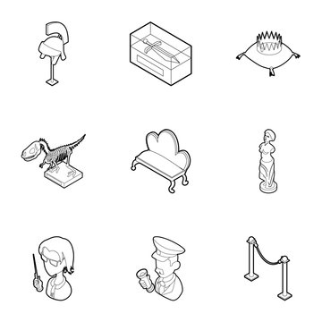 Historical museum icons set, outline style
