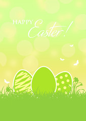 Happy Easter card with soft green gradient background with easter egg, butterflies,  flowers and grass  © ewelinaf