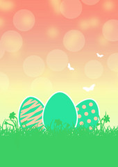 Easter soft pink and green gradient background with easter eggs, flowers, grass and butterflies  © ewelinaf
